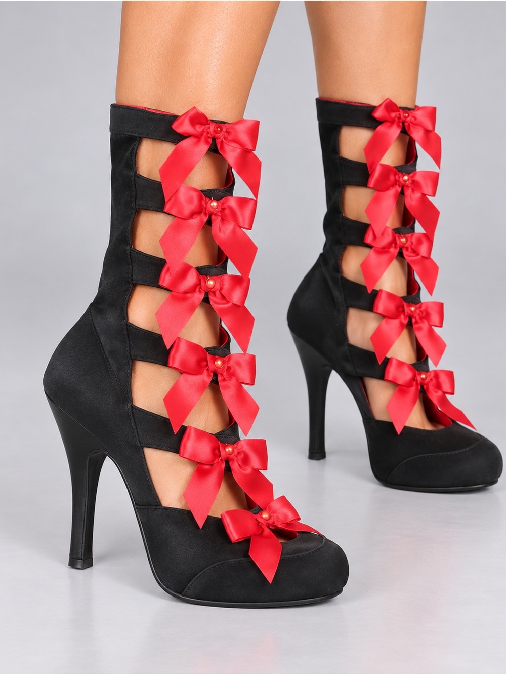 Ladies Funtasma Black High Heel Boots with Red Ribbon Bows